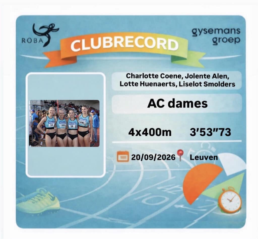 Clubrecord 4x400m door Charlotte Coene, Jolente Alen, Lotte Huenaerts, Liselot Smolders: 3'53''73