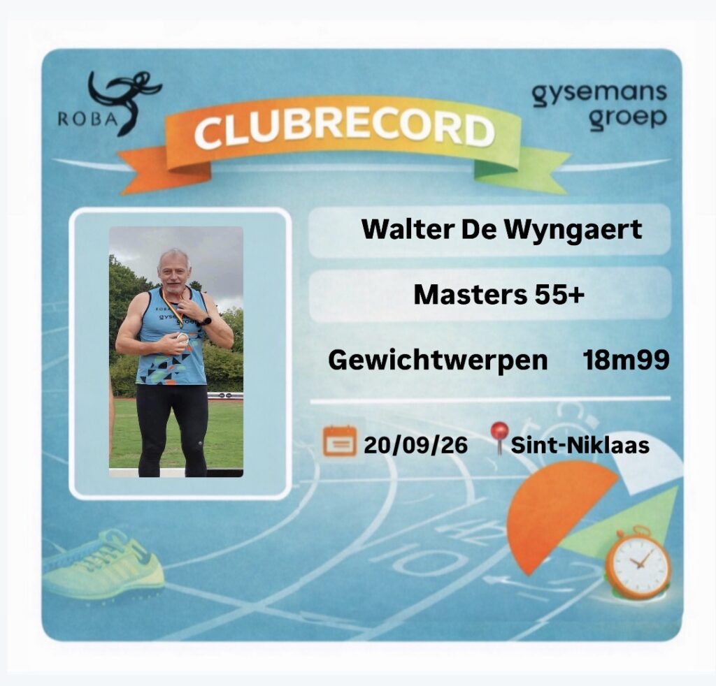 Clubrecord Gewichtwerpen (11,34kg) door Walter De Wyngaert: 18m99